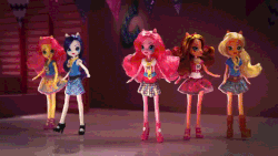 Size: 569x320 | Tagged: safe, applejack, fluttershy, pinkie pie, rainbow dash, rarity, sunset shimmer, equestria girls, g4, my little pony equestria girls: friendship games, airhorn, animated, cheering, clothes, commercial, doll, female, friendship games dolls commercials, irl, jumping, outfit, photo, stop motion, toy, walking