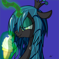 Size: 2000x2000 | Tagged: dead source, safe, artist:soveno, queen chrysalis, g4, female, high res, ice cream, magic, solo