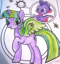 Size: 865x923 | Tagged: safe, spike, twilight sparkle, alicorn, pony, g4, coloring, coloring page, female, mare, palette swap, traditional art, twilight sparkle (alicorn)