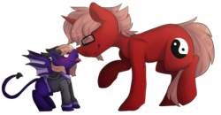Size: 1024x532 | Tagged: safe, artist:oddends, oc, oc only, oc:sojourner, oc:spice, pony, succubus, unicorn, bat wings, blue fur, brown mane, clothes, cute, devil tail, family, fangs, father and daughter, female, filly, glasses, hoodie, horn, horns, messy mane, nose kiss, red eyes, red fur, smiling, yin-yang
