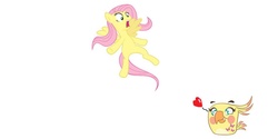 Size: 1262x632 | Tagged: safe, fluttershy, bird, cockatiel, pegasus, pony, g4, angry birds, angry birds stella, body swap, lutino cockatiel, poppy (angry birds), scared