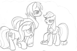 Size: 1182x787 | Tagged: safe, artist:midwestbrony, applejack, big macintosh, trixie, earth pony, pony, g4, female, male, mare, monochrome, shipping, stallion, straight, traditional art, trio, trixmac