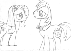 Size: 1181x862 | Tagged: safe, artist:midwestbrony, big macintosh, trixie, earth pony, pony, g4, bowtie, height difference, male, marriage, monochrome, shipping, stallion, straight, traditional art, trixmac, wedding, wedding veil