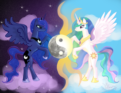 Size: 1024x791 | Tagged: safe, artist:wolfenm, princess celestia, princess luna, g4, yin-yang