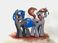 Size: 1137x833 | Tagged: safe, artist:tsitra360, edit, oc, oc only, oc:homage, oc:littlepip, pony, unicorn, fallout equestria, blushing, butt, cutie mark, dock, fanfic, fanfic art, featureless crotch, female, floppy ears, hooves, horn, lesbian, mare, oc x oc, pipbutt, plot, raised tail, ship:pipmage, shipping, smack, smack dat ass, smiling, spanking, tail, tail slap, traditional art