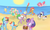 Size: 2500x1500 | Tagged: safe, artist:vengefulstrudel, apple bloom, applejack, babs seed, fluttershy, granny smith, pinkie pie, rainbow dash, rarity, scootaloo, spike, sweetie belle, twilight sparkle, earth pony, pegasus, pony, unicorn, g4, beach, beach ball, beach umbrella, cutie mark crusaders, female, filly, mane seven, mane six, mare, sand, sun, sunglasses