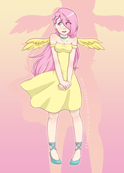 Size: 1500x2100 | Tagged: safe, artist:pettankoprincess, fluttershy, human, g4, blushing, choker, clothes, cute, dress, female, hair over one eye, hairclip, high heels, humanized, looking away, open mouth, shy, smiling, solo, spread wings, sundress, wind, winged humanization, yellow dress