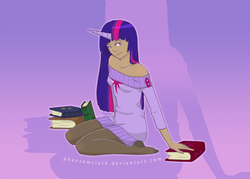 Size: 2100x1500 | Tagged: safe, artist:pettankoprincess, twilight sparkle, human, g4, book, clothes, dark skin, female, horn, horned humanization, humanized, kneeling, looking at you, smiling, solo, stockings, sweater