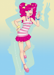 Size: 1500x2100 | Tagged: safe, artist:pettankoprincess, pinkie pie, human, g4, bracelet, clothes, dress, earring, female, hair bow, humanized, looking at you, open mouth, peace sign, piercing, platform shoes, skirt, smiling, solo, tank top, wristband