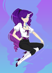 Size: 1500x2100 | Tagged: safe, artist:pettankoprincess, rarity, human, g4, belt, blushing, clothes, earring, female, high heel boots, horn, horned humanization, humanized, looking at you, necklace, piercing, smiling, solo