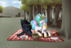 Size: 1280x858 | Tagged: safe, artist:marsminer, princess celestia, oc, oc:midnight song, g4, eating, lunch, outdoors, picnic