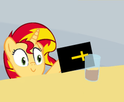 Size: 275x225 | Tagged: safe, sunset shimmer, pony, unicorn, g4, bible, chocolate milk, cup, female, glass, mare, smiling, solo