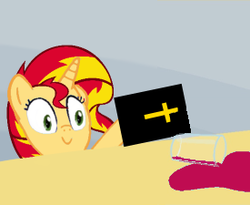 Size: 275x225 | Tagged: safe, sunset shimmer, pony, unicorn, g4, bible, everything is ruined, pure unfiltered evil, smiling, wine, you went there