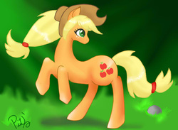 Size: 750x550 | Tagged: safe, artist:x-piiu, applejack, g4, female, looking, solo, table