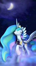 Size: 1675x2981 | Tagged: safe, artist:sourcerabbit, princess celestia, eagle, g4, 3d, crescent moon, eyes closed, majestic, mist, moon, raised hoof, simple background, spread wings