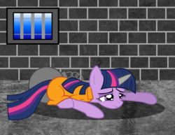 Size: 3320x2566 | Tagged: safe, artist:spellboundcanvas, twilight sparkle, g4, ball and chain, clothes, female, high res, horn, horn cap, magic suppression, prison outfit, prisoner ts, solo
