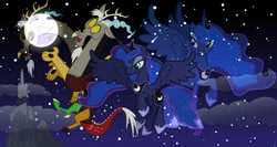 Size: 1600x850 | Tagged: safe, artist:90sigma, artist:estories, artist:jyxia, artist:nabbiekitty, artist:proenix, artist:santafer, discord, princess luna, g4, female, male, night, ship:lunacord, shipping, straight, wallpaper