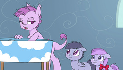 Size: 1234x700 | Tagged: safe, artist:carnifex, oc, oc only, oc:lavender, oc:lockheed, oc:mercury, oc:snowburst, dracony, hybrid, 3:, babysitting, colt, female, filly, floppy ears, frown, grumpy, interspecies offspring, male, offspring, open mouth, parent:rainbow dash, parent:rarity, parent:soarin', parent:spike, parents:soarindash, parents:sparity, sad, wavy mouth