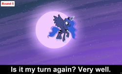 Size: 1600x973 | Tagged: safe, princess luna, alicorn, pony, comic:celestia's servant interview, g4, caption, cs captions, female, interview, mare, moon, night, solo