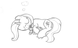 Size: 1221x751 | Tagged: safe, artist:midwestbrony, big macintosh, trixie, earth pony, pony, g4, male, monochrome, plushie, sleeping, solo, stallion, traditional art