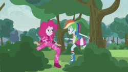 Size: 480x270 | Tagged: safe, screencap, pinkie pie, rainbow dash, equestria girls, g4, my little pony equestria girls: friendship games, pinkie spy (short), animated, boots, clothes, female, shoes, socks