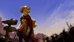 Size: 1920x1080 | Tagged: safe, artist:ciyunhe, applejack, human, g4, cowboy, female, gun, humanized, pixiv, revolver, solo