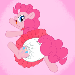 Size: 1500x1500 | Tagged: safe, anonymous artist, artist:fillyscoots42, pinkie pie, earth pony, pony, g4, bipedal, clothes, cute, diaper, diapinkes, female, happy, looking back, mare, non-baby in diaper, pink background, poofy diaper, simple background, solo, tutu, walking