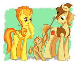 Size: 850x700 | Tagged: safe, artist:patty-plmh, braeburn, spitfire, oc, oc:almene, g4, family, father, female, male, mother, offspring, parent:braeburn, parent:spitfire, parents:spitburn, shipping, spitburn, straight