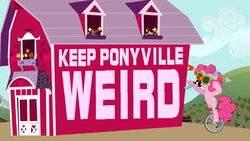 Size: 1280x720 | Tagged: safe, pinkie pie, g4, barn, keep beach city weird, ponyville, portland, steven universe, sweet apple acres, unicycle, weird