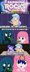 Size: 540x1294 | Tagged: safe, princess celestia, princess luna, principal celestia, queen chrysalis, vice principal luna, oc, oc:fluffle puff, equestria girls, g4, my little pony equestria girls: rainbow rocks, canon x oc, female, hishe, image macro, kazoo, lesbian, meme, musical instrument, parody, ship:chrysipuff, shipping