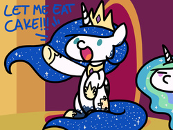 Size: 1280x960 | Tagged: safe, artist:flutterluv, princess celestia, princess luna, alicorn, pony, g4, bodypaint, cute, dialogue, disguise, duo, fake cutie mark, impersonating, marie antoinette, newbie artist training grounds, open mouth, paint, paint on fur, painting characters, seems legit, sitting, smiling, solo focus, throne, unamused