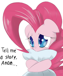 Size: 700x840 | Tagged: safe, artist:[redacted], pinkie pie, g4, bed time, female, friendshipping, implied anon, pillow, sad face, solo