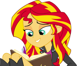 Size: 2199x1872 | Tagged: safe, artist:sketchmcreations, sunset shimmer, equestria girls, g4, rainbow rocks, clothes, female, inkscape, journal, leather jacket, looking down, pen, simple background, sitting, solo, transparent background, vector, writing