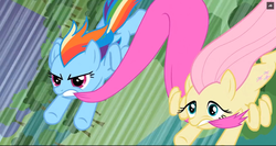 Size: 1366x724 | Tagged: safe, screencap, fluttershy, rainbow dash, g4, my little pony: friendship is magic, secret of my excess, cape, clothes, flying