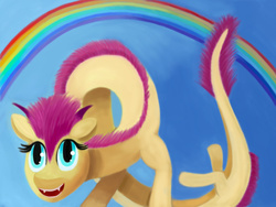 Size: 868x653 | Tagged: safe, artist:musikhin, fluttershy, g4, fangs, female, long pony, looking up, rainbow, smiling, solo, species swap, terraria