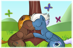 Size: 1115x745 | Tagged: safe, artist:bluemeganium, night glider, oc, oc:mellow rhythm, g4, blushing, canon x oc, cuddling, shipping, snuggling, tree