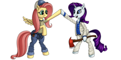 Size: 2560x1280 | Tagged: safe, artist:bra1neater, fluttershy, rarity, pegasus, pony, unicorn, g4, axe, clothes, duo, duo female, ellis, female, hat, high five, hoofbump, jeans, left 4 dead, mare, nick, simple background, snapback, suit, transparent background