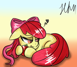 Size: 1600x1400 | Tagged: safe, artist:hanzel2, apple bloom, earth pony, pony, g4, apple, apple bloom's bow, bow, female, gradient background, hair bow, heart, looking back, prone, solo