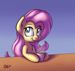 Size: 1000x940 | Tagged: safe, artist:tadashi--kun, fluttershy, g4, cup, female, gradient background, smiling, solo, table, tea