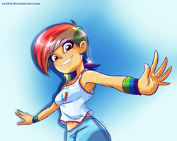 Size: 2473x1964 | Tagged: safe, artist:erohd, rainbow dash, human, g4, armpits, belly button, clothes, female, grin, humanized, midriff, smiling, solo, speedpaint, tank top