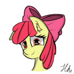Size: 1200x1200 | Tagged: safe, artist:hanzel2, apple bloom, g4, adorabloom, apple bloom's bow, bow, cute, ear fluff, female, hair bow, portrait, signature, simple background, smiling, solo