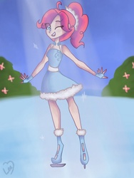 Size: 768x1024 | Tagged: safe, artist:leafa123, pinkie pie, human, g4, clothes, dress, female, fingerless gloves, gloves, humanized, ice, ice skates, ice skating, solo, wink