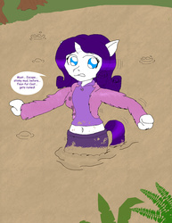 Size: 1700x2200 | Tagged: safe, artist:basher-the-basilisk, rarity, anthro, g4, belly button, clothes, coat, dirty, female, midriff, muck, mud, quicksand, swamp, this will end in tears