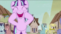 Size: 480x270 | Tagged: safe, screencap, blueberry frosting, moon dust, offbeat, starlight glimmer, pony, unicorn, g4, season 5, the cutie map, animated, cult, cute, egalitarianism, eyes closed, false smile, female, glimmerbetes, mare, open mouth