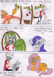 Size: 1724x2480 | Tagged: safe, artist:a_rachael_special, angel bunny, applejack, fluttershy, rarity, comic:ed'swildadventure, g4, applebucking, brony, comic, ed-skar, felt tip, green hair, makeover, part of a series, traditional art