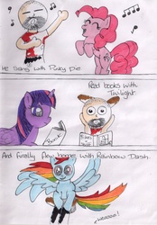 Size: 1728x2480 | Tagged: safe, artist:a_rachael_special, pinkie pie, rainbow dash, twilight sparkle, alicorn, pony, comic:ed'swildadventure, g4, book, brony, comic, ed-skar, felt tip, flying, part of a series, singing, traditional art, twilight sparkle (alicorn)