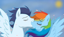 Size: 1024x593 | Tagged: safe, artist:pimpartist101, rainbow dash, soarin', pony, g4, blushing, female, kissing, male, ship:soarindash, shipping, straight, sun