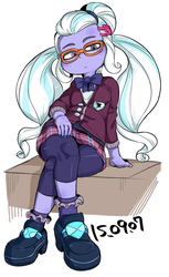 Size: 812x1329 | Tagged: safe, artist:nekubi, sugarcoat, equestria girls, g4, clothes, crystal prep academy uniform, female, glasses, pigtails, school uniform, sitting, skirt, solo, twintails