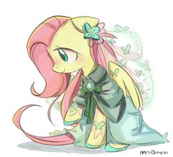 Size: 509x463 | Tagged: safe, artist:melodenesa, fluttershy, pegasus, pony, g4, blushing, clothes, cute, dress, female, floppy ears, mare, raised hoof, shyabetes, simple background, smiling, solo, white background