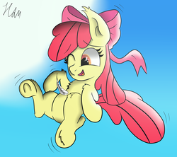 Size: 1800x1600 | Tagged: safe, artist:hanzel2, apple bloom, earth pony, pony, g4, adorabloom, cute, feather, female, filly, one eye closed, solo, tickling, underhoof